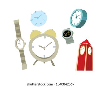 Set of clocks. Many ways of measure the time including alarm, timer, watches and clock. Concept of time management. Vector illustration. Flat design on white background.