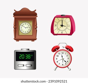 Conjunto de relojes sobre un fondo blanco. Ilustración vectorial de relojes antiguos y modernos
