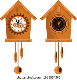 A set of clocks with a pendulum and a cuckoo in steampunk style. Two options, vector illustration on a white isolated background.