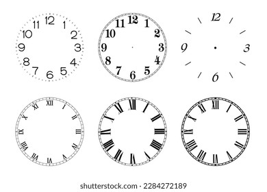 Set of clocks with roman numerals and numbers