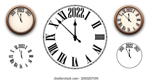 Set of clocks showing 2022 year. Vector holiday illustration.