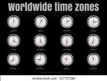 Set of clocks showing international time. World time zones. Vector illustration 2.