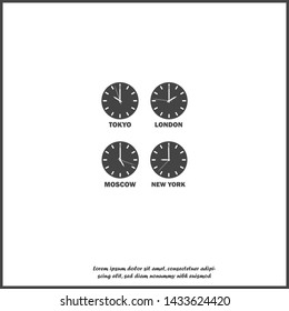 Set of clocks showing the time difference in different time zones. Timezone clock  and international time. Vector white icon on white isolated background.
