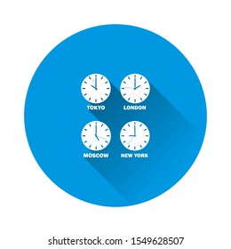 Set of clocks showing the time difference in different time zones. Timezone clock and international time on blue background. Flat image with long shadow.