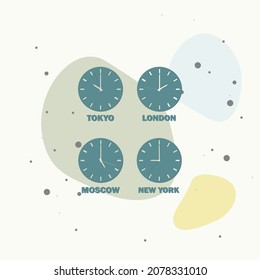 Set of clocks showing the time difference in different time zones. Timezone clock international time on multicolored background. Layers grouped for easy editing illustration. For your design.
