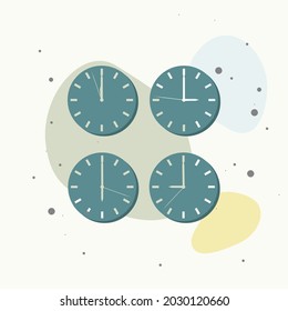 Set of clocks showing the time in different time zones. Timezone clock international  on multicolored background. Layers grouped for easy editing illustration. For your design.