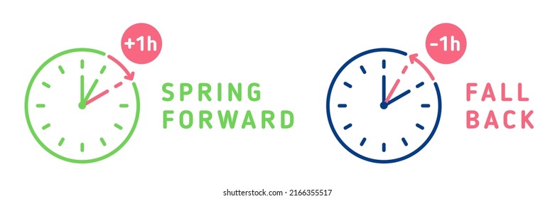 . Set of clocks with text fall back, spring forward.