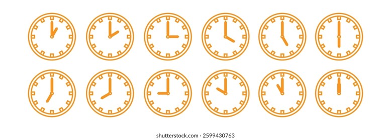 A set of clocks that show different times. Set of clocks for every hour isolated on white background. clock show time hour 12 hours.