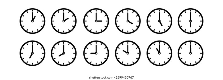 A set of clocks that show different times. Set of clocks for every hour isolated on white background. clock show time hour 12 hours.