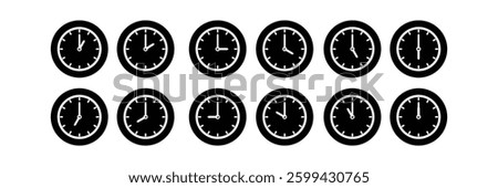 A set of clocks that show different times. Set of clocks for every hour isolated on white background. clock show time hour 12 hours.