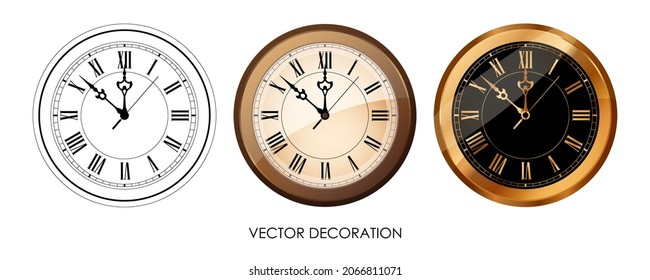 Set of clocks. Three of clock dials on white background. Poster with white, brown, gold and black watches. Isolated icons. Dial with roman numerals. Watch shop decoration. Vector illustration