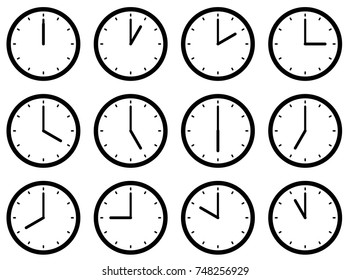 Set of clocks, with the times set at every hour. Vector illustration