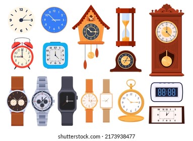 Un conjunto de relojes de varios tipos y modelos. Reloj de oficina de muñecas de pared. Seguimiento de tiempo. Ilustración del vector