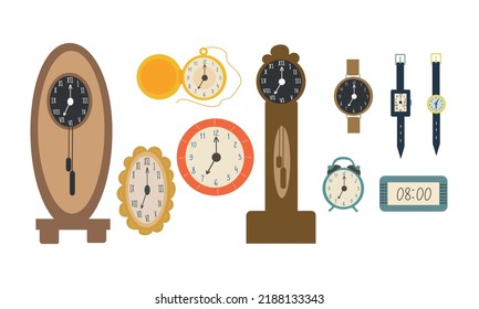 Conjunto de relojes y relojes - alarma, torre, cuco, reloj de pulsera, reloj de pulsera, reloj de arena, ilustración vectorial de dibujos animados aislados sobre fondo blanco. Juego de alarmas y reloj cuco, hornillos, torres e iconos de reloj de pulsera