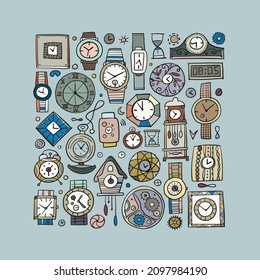 Set of clocks and watches in different style. Retro and modern collection for your design