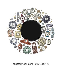 Set Uhren und Uhren in verschiedenen Stilen. Retro und moderne Kollektion. Circle Frame Design mit Platz für Ihren Text