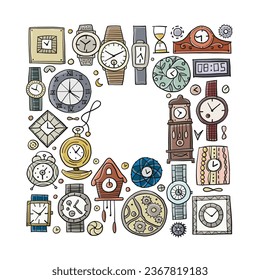 Set of clocks and watches in different style. Retro and modern collection. Frame design with place for your text
