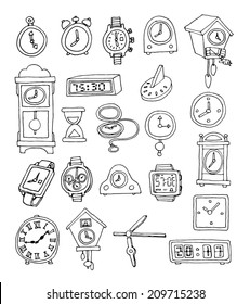   Conjunto de relojes, ilustración vectorial dibujada a mano.
