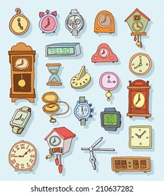   Set of clocks and watches, Hand drawn vector illustration.