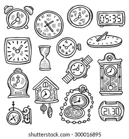Set of clocks and watches. Hand drawn vector illustration. Clock's element for your design. Sundial,  sand glass, watches clocks, antique watch, wristwatch, pocket watch, cuckoo clock and other.