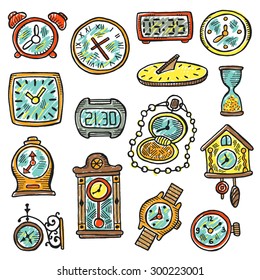 Set of clocks and watches. Hand drawn vector illustration. Clock's element for your design. Sundial, sand glass, watches clocks, antique watch, wristwatch, pocket watch, cuckoo clock and other.