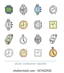  Set of clocks and watches, Hand drawn vector illustration.