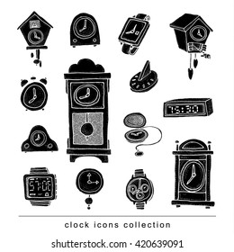    Set of clocks and watches, Hand drawn vector illustration.