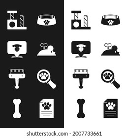 Set Clockwork mouse, Cat nose, scratching post, Pet food bowl, Hair brush for dog and cat, Veterinary clinic, Clinical record pet and Dog bone icon. Vector