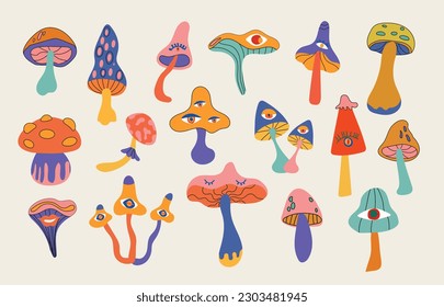 Conjunto de champiñones de relojería de estilo retro de los años 70. Setas psicodélicas abstractas de estilo hippie con ojos. Ilustración vectorial en un fondo claro.