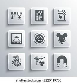 Set Cloning, Magnet, Experimental mouse, Petri dish with bacteria, Bacteria, 3D printing technology, Transfer liquid gun and Test tube flask stand icon. Vector
