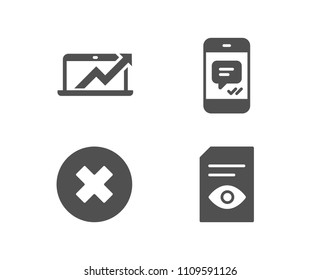 Set of Close button, Sales diagram and Message icons. View document sign. Delete or decline, Sale growth chart, Phone messenger. Open file.  Quality design elements. Classic style. Vector