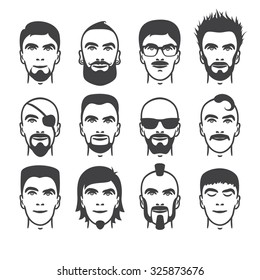 Set of close up different hair, beard and mustache style men portraits isolated vector illustrations