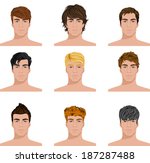 Set of close up different hair style young men portraits isolated vector illustrations