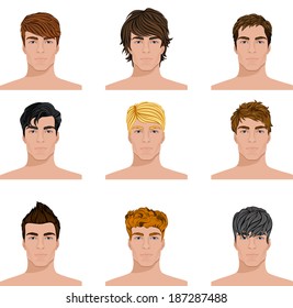 Set of close up different hair style young men portraits isolated vector illustrations