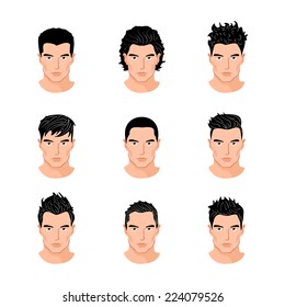 Set of close up different hair style young men portraits isolated vector illustrations