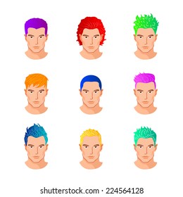 Set of close up different hair style young men portraits isolated vector illustrations