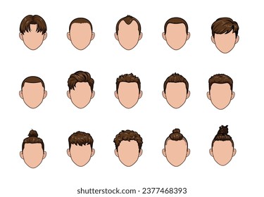 Set of close up different hair style young men portraits. vector illustrations isolated on white.