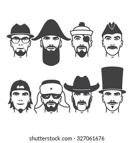 Set of close up different hats, beard and mustache style men portraits. vector illustrations