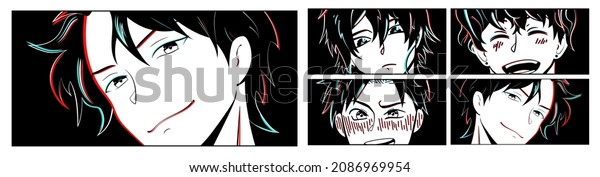 Set of  close up faces anime\
young mans. Manga style characters with Glitch effect. Cartoon\
face