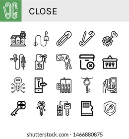 Set of close icons such as Safety pin, Padlock, Key, Lavalier, Delete package, Keys, Logout, Elevator, Car key, Micro sd , close