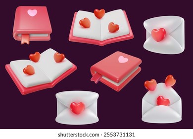 Set of close and open diary book and mail with hearts in 3d minimal realistic style. Cartoon cute vector illustration. Collection sweet glossy design elements. Concept for valentines day event.