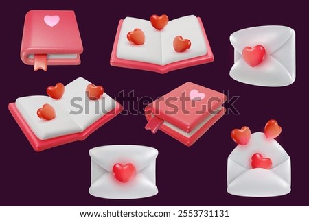 Set of close and open diary book and mail with hearts in 3d minimal realistic style. Cartoon cute vector illustration. Collection sweet glossy design elements. Concept for valentines day event.
