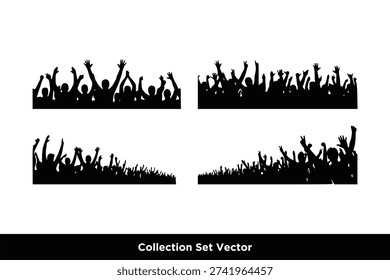 set of Close Up Silhouette of Cheering Crowd with Raised Hands Silhouettes for Concert and Event Backgrounds