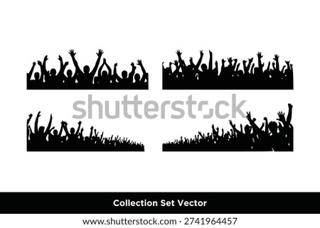 set of Close Up Silhouette of Cheering Crowd with Raised Hands Silhouettes for Concert and Event Backgrounds