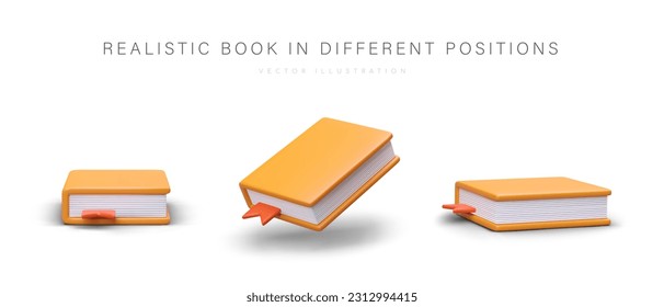 Set of closed 3D books with bookmark. Collection of realistic isolated icons with shadows. Book from different sides. Vector color illustration. Educational concept, symbol of knowledge