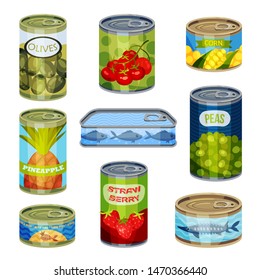Set of closed cans with different products. Vector illustration on white background.