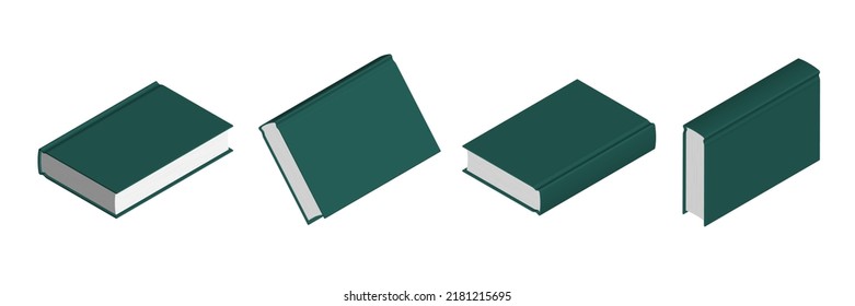 Set of closed dark green books in different positions for bookstore