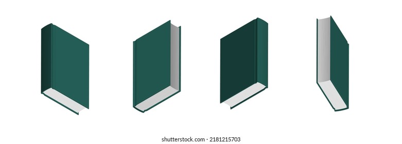 Set of closed dark green books in different positions for bookstore