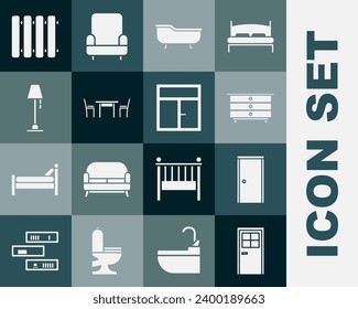 Set Closed door, Chest of drawers, Bathtub, Wooden table with chair, Floor lamp, Heating radiator and Window the room icon. Vector