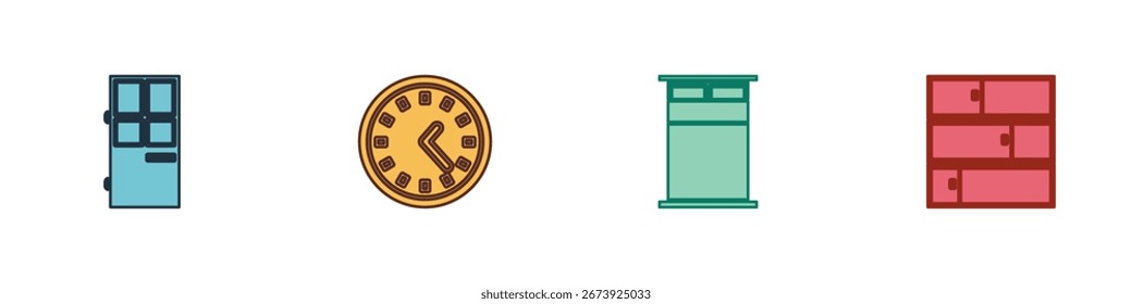 Set Puerta cerrada, reloj, cama grande e icono de estante. Vector